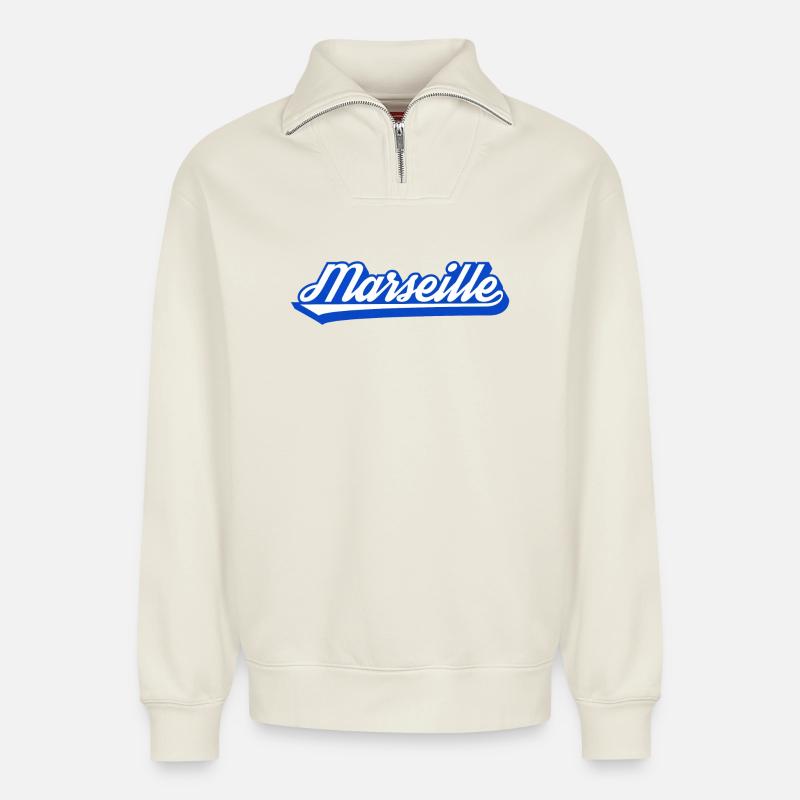 Marseille Rétro Blue Script - Sweat unisexe décontracté en coton biologique à demi-zip – de SPREAD - blanc cassé