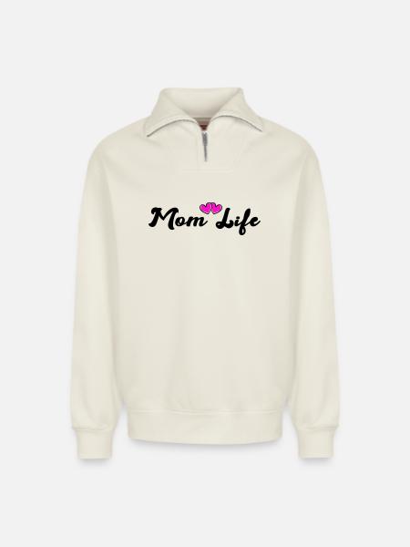 mom_life_heart - Sweat unisexe décontracté en coton biologique à demi-zip – de SPREAD - blanc cassé