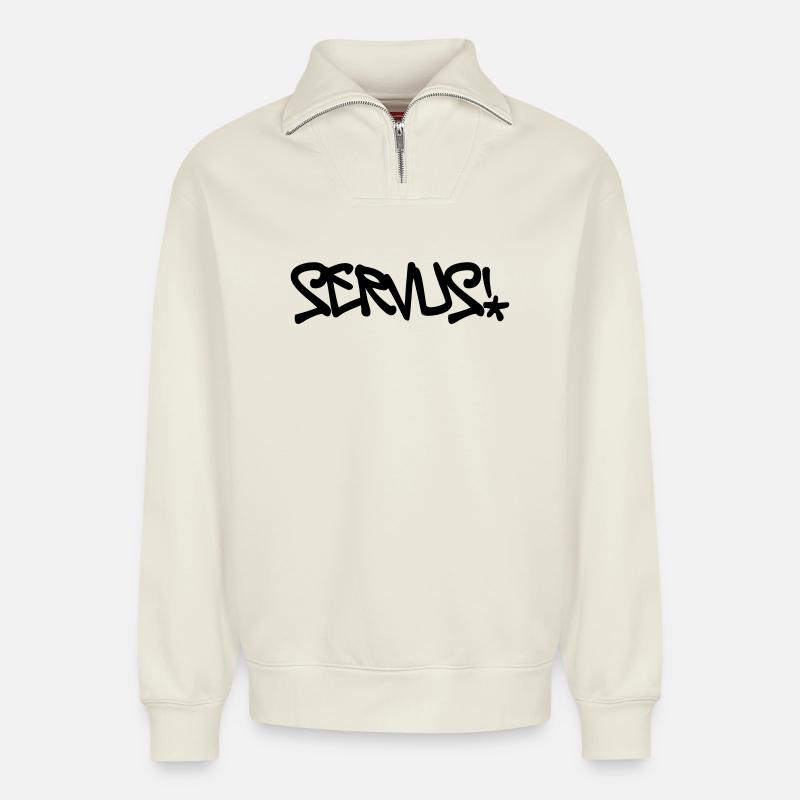 Servus, Gruß, Dialekt, bayrisch, Bayern - Relaxed Unisex Organic Half Zip Sweatshirt – von SPREAD - Naturweiß