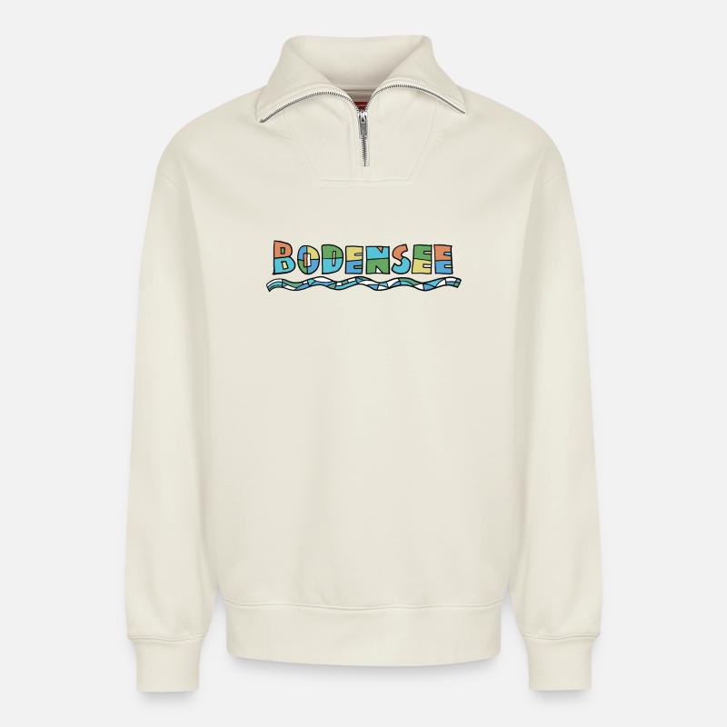 Bodensee Farbschrift - Relaxed Unisex Organic Half Zip Sweatshirt – von SPREAD - Naturweiß