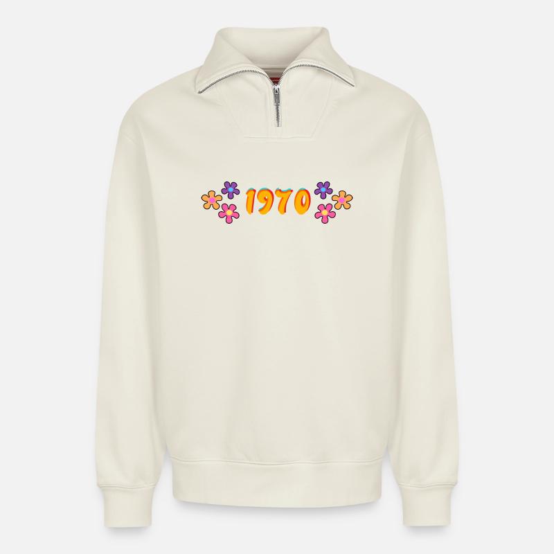 1970 Hippie-Stil - Relaxed Unisex Organic Half Zip Sweatshirt – von SPREAD - Naturweiß
