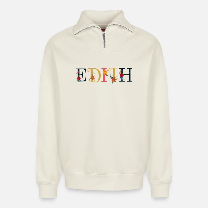 EDITH Name mit Blumen geschmückt - Relaxed Unisex Organic Half Zip Sweatshirt – von SPREAD - Naturweiß