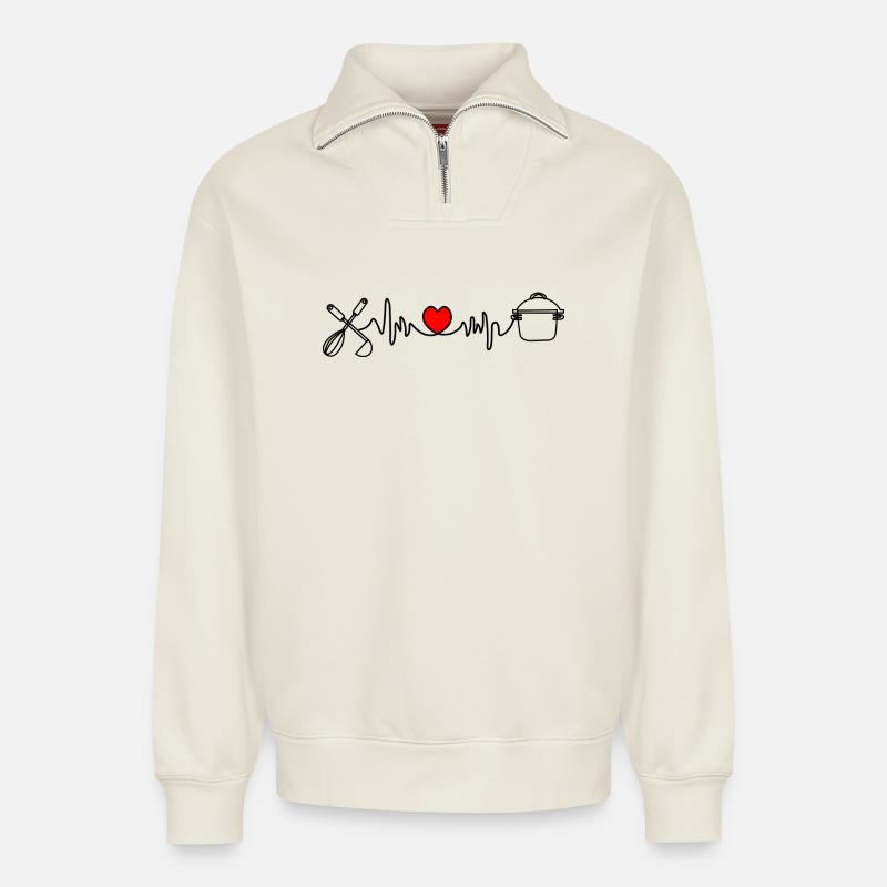 Cuisiner est mon cardio - Sweat unisexe décontracté en coton biologique à demi-zip – de SPREAD - blanc cassé