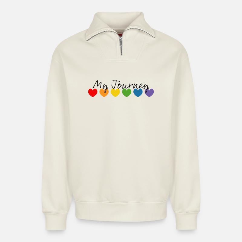 Regenbogenherzchen my journey schwarz - Relaxed Unisex Organic Half Zip Sweatshirt – von SPREAD - Naturweiß