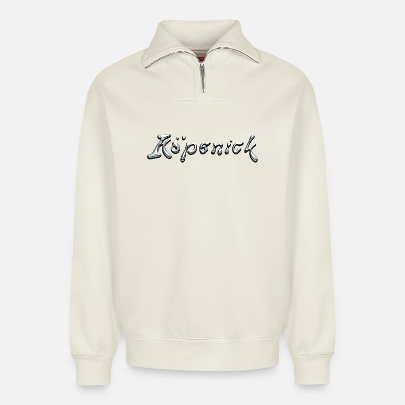 Köpenick Liquid Chrome Typography - Relaxed Unisex Organic Half Zip Sweatshirt – by SPREAD - off white