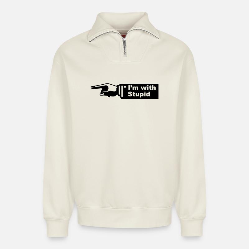 im with stupid - Sweat unisexe décontracté en coton biologique à demi-zip – de SPREAD - blanc cassé