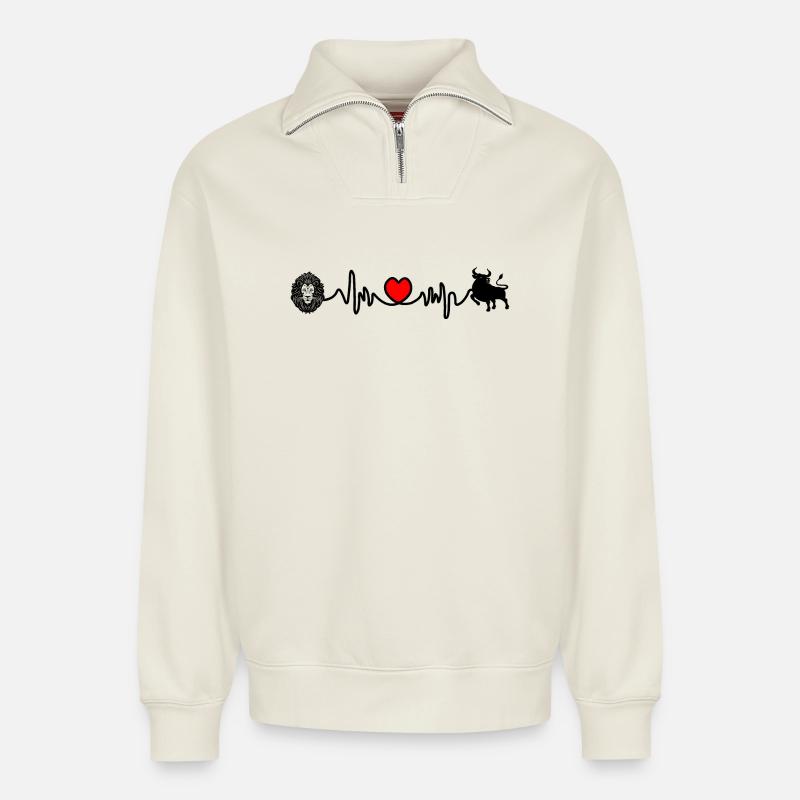 Herzfrequenz Cardio Löwe Stier - Relaxed Unisex Organic Half Zip Sweatshirt – von SPREAD - Naturweiß