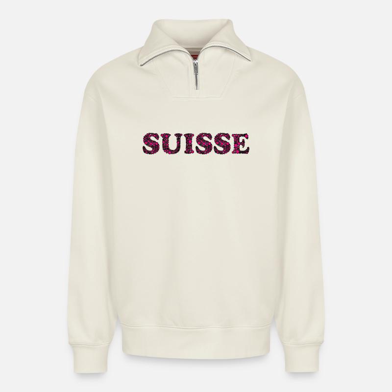 SCHWEIZ. LAND - Relaxed Unisex Organic Half Zip Sweatshirt – von SPREAD - Naturweiß