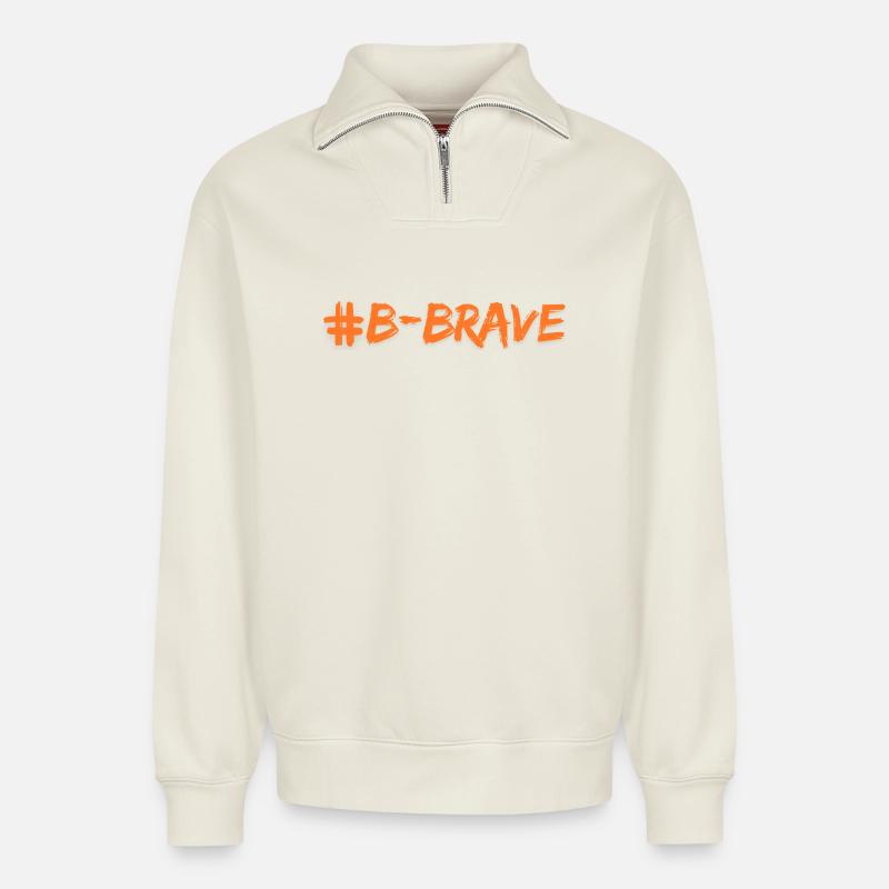 Imprimé #B-Brave - Sweat unisexe décontracté en coton biologique à demi-zip – de SPREAD - blanc cassé