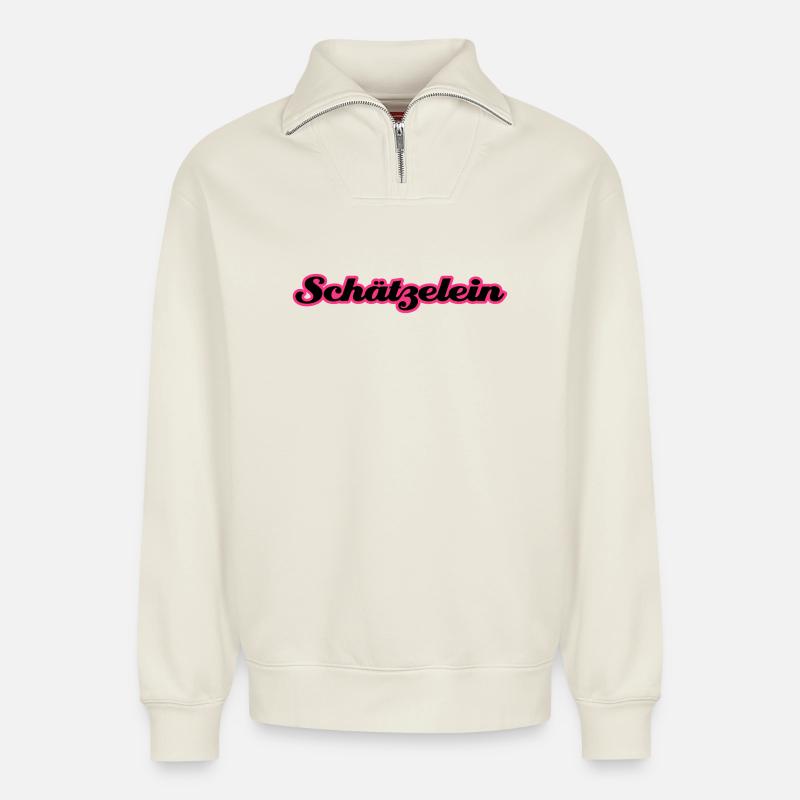 Schätzelein | Schatz | Schätzchen - Sweat unisexe décontracté en coton biologique à demi-zip – de SPREAD - blanc cassé