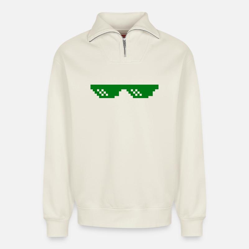 Green pixel pattern with contrast blocks - Relaxed Unisex Organic Half Zip Sweatshirt – by SPREAD - off white