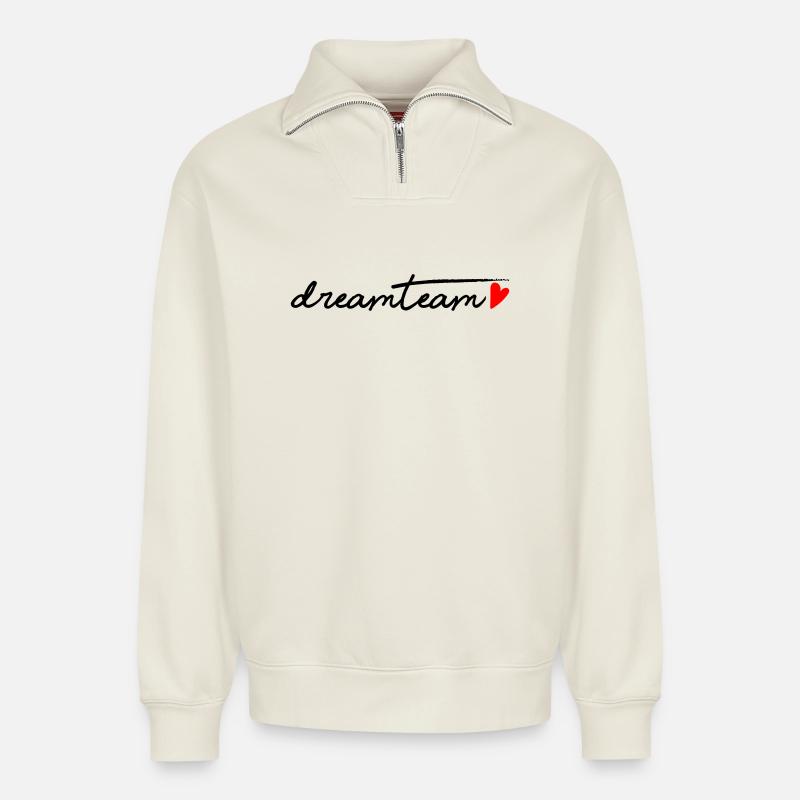 Dreamteam rotem Herz - Relaxed Unisex Organic Half Zip Sweatshirt – von SPREAD - Naturweiß
