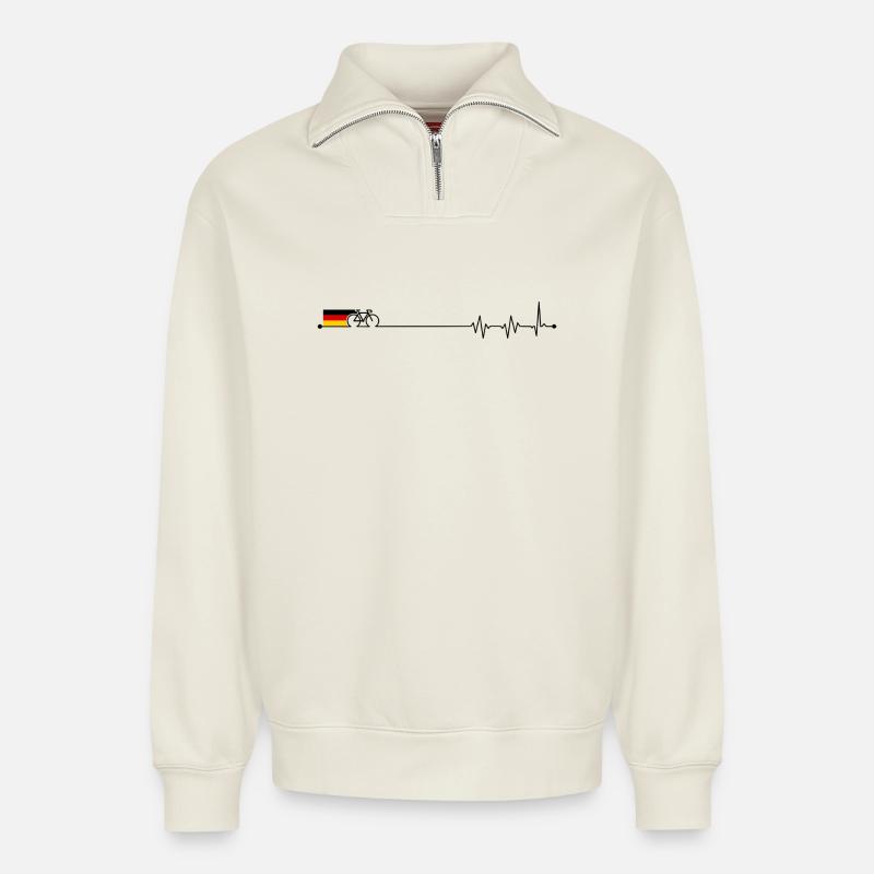 Germany flag bicycle - Relaxed Unisex Organic Half Zip Sweatshirt – by SPREAD - off white
