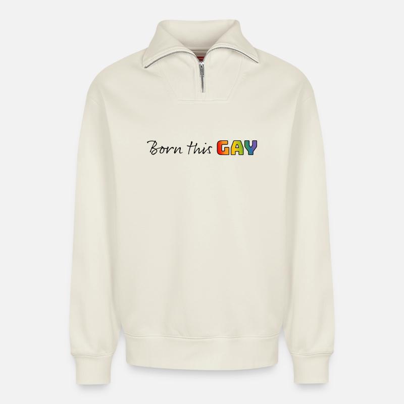 Rainbow né ce gay - Sweat unisexe décontracté en coton biologique à demi-zip – de SPREAD - blanc cassé