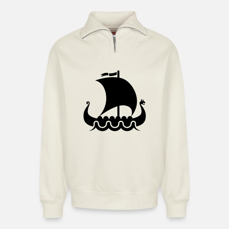 vikings viking - Sweat unisexe décontracté en coton biologique à demi-zip – de SPREAD - blanc cassé
