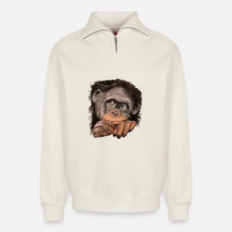 Monkey - Relaxed Unisex Organic Half Zip Sweatshirt – by SPREAD - off white