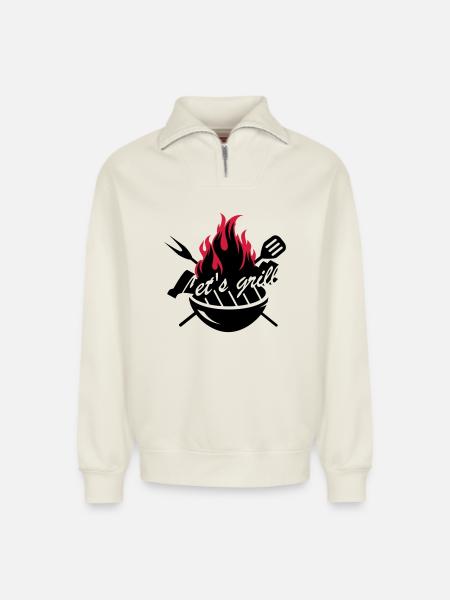 A grill with barbecue utensils - Relaxed Unisex Organic Half Zip Sweatshirt – by SPREAD - off white