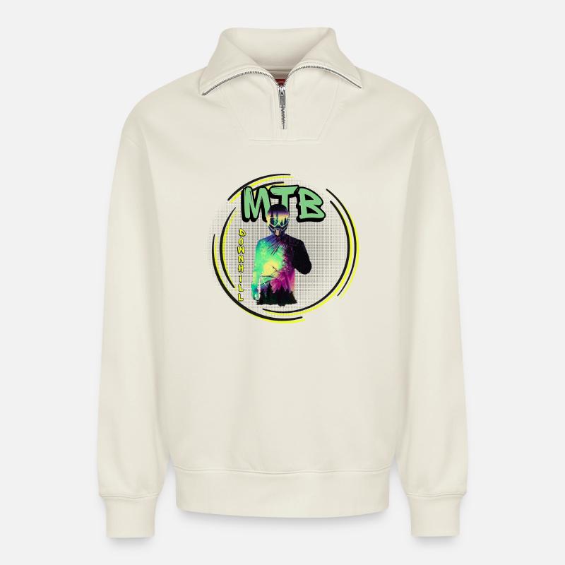 MTB Downhill mit Biker - Relaxed Unisex Organic Half Zip Sweatshirt – von SPREAD - Naturweiß