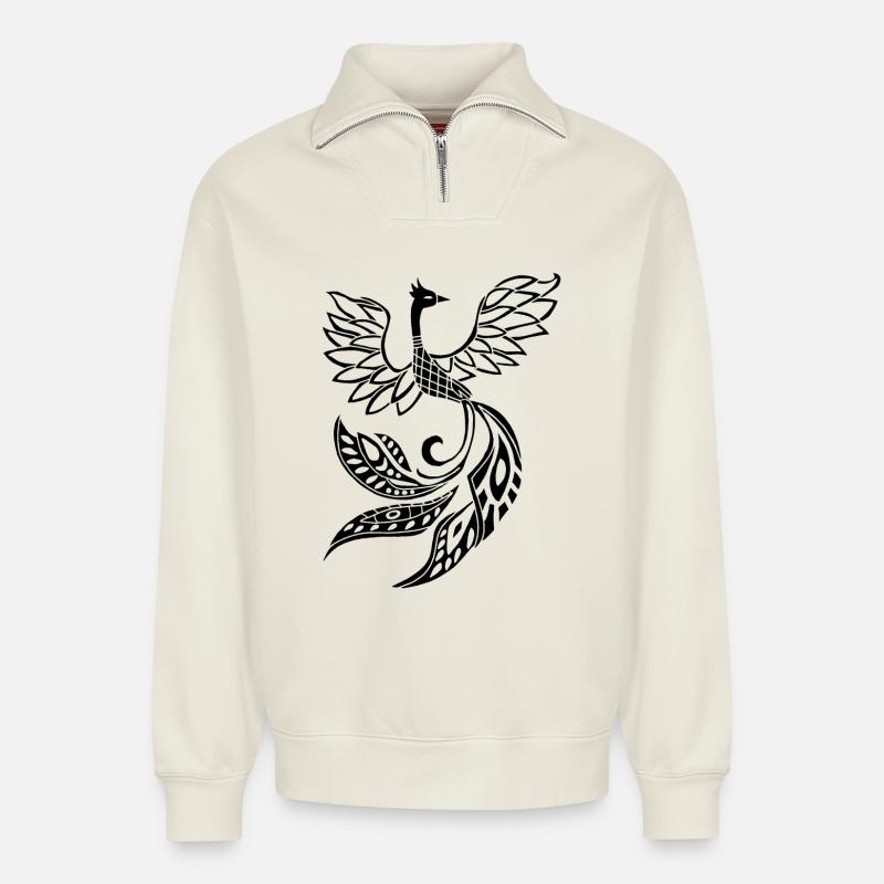 Schwarzer Phönixvogel - Relaxed Unisex Organic Half Zip Sweatshirt – von SPREAD - Naturweiß
