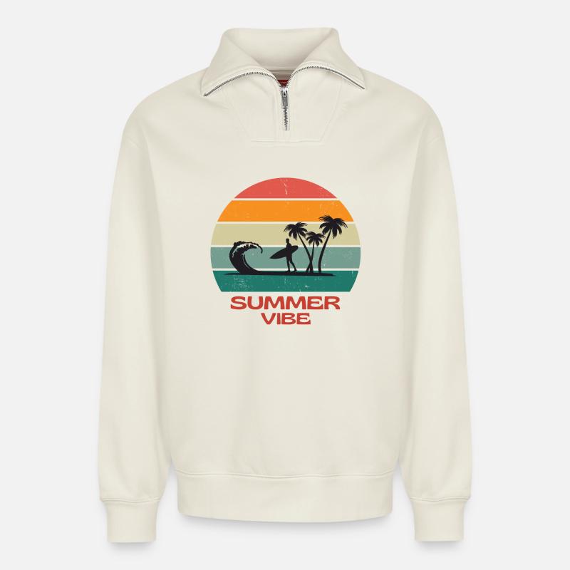 surf, surfeur, surfer, surfing - Sweat unisexe décontracté en coton biologique à demi-zip – de SPREAD - blanc cassé