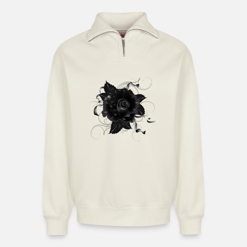 schwarze Gothic Rose mit dunklen Bändern - Relaxed Unisex Organic Half Zip Sweatshirt – von SPREAD - Naturweiß