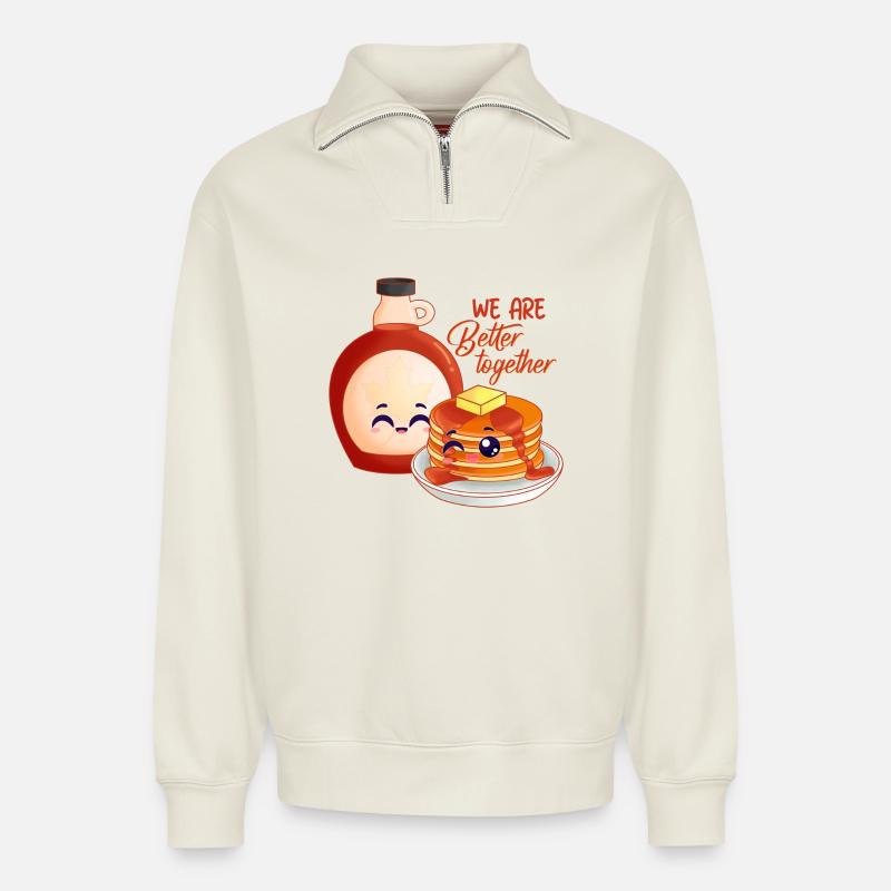 pancake, maple syrup, breakfast - Relaxed Unisex Organic Half Zip Sweatshirt – by SPREAD - off white
