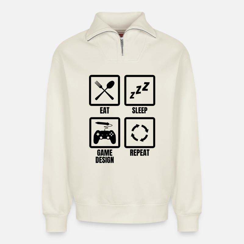 Routine de conception de jeu - Sweat unisexe décontracté en coton biologique à demi-zip – de SPREAD - blanc cassé