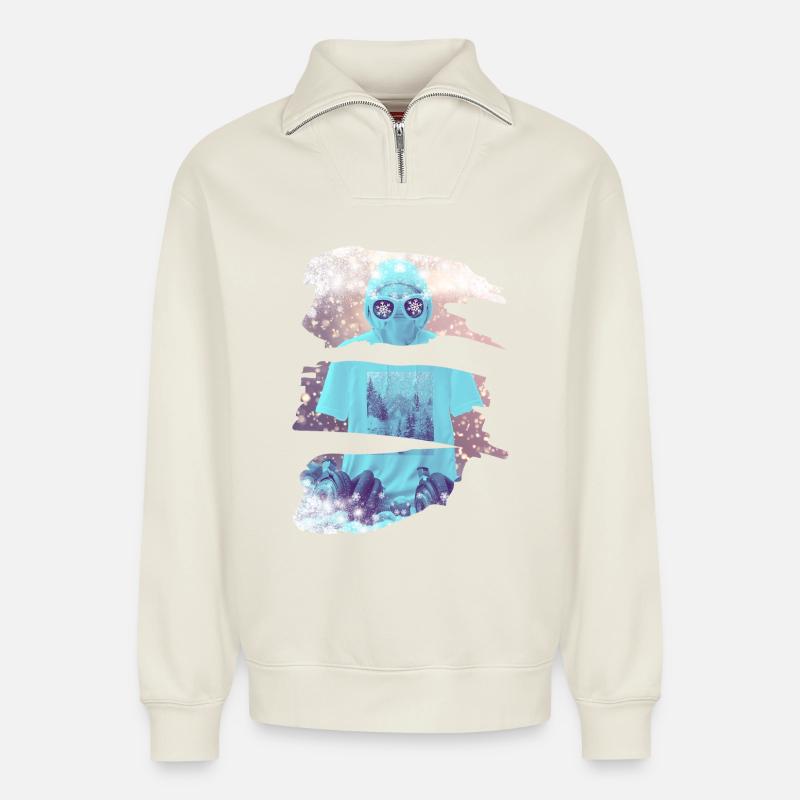 Es schneit - Relaxed Unisex Organic Half Zip Sweatshirt – von SPREAD - Naturweiß