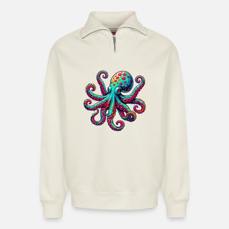 Krake - Relaxed Unisex Organic Half Zip Sweatshirt – von SPREAD - Naturweiß