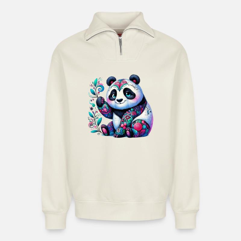 Panda - Relaxed Unisex Organic Half Zip Sweatshirt – von SPREAD - Naturweiß