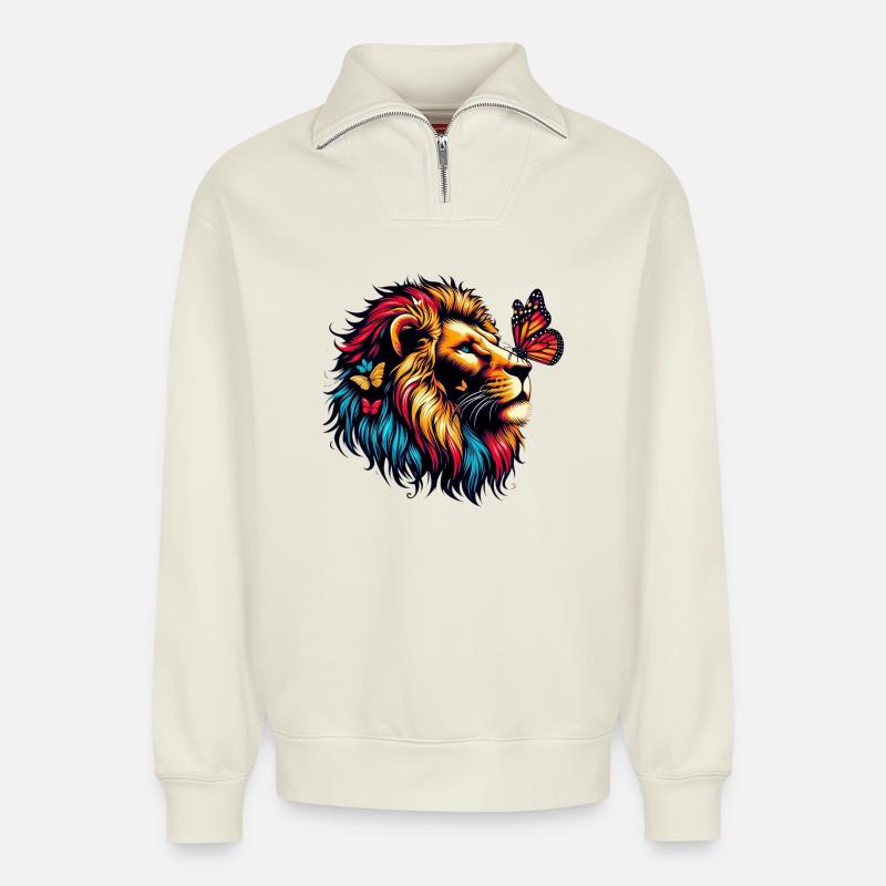 Lion et papillon - Sweat unisexe décontracté en coton biologique à demi-zip – de SPREAD - blanc cassé