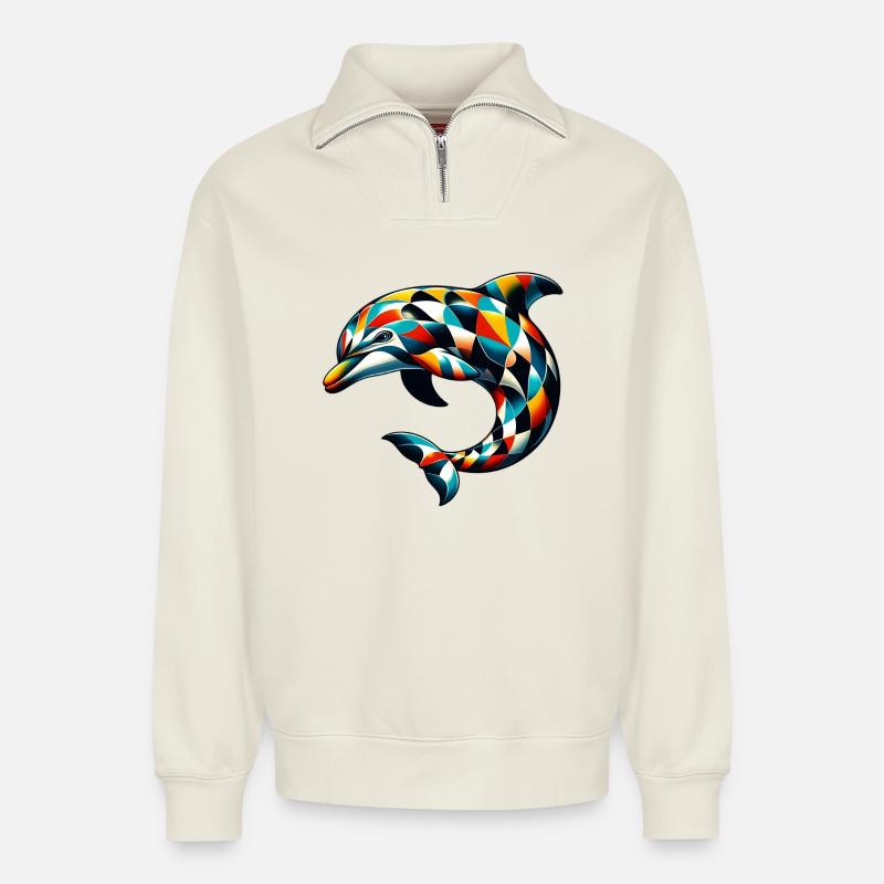Harlekin-Delfin - Relaxed Unisex Organic Half Zip Sweatshirt – von SPREAD - Naturweiß