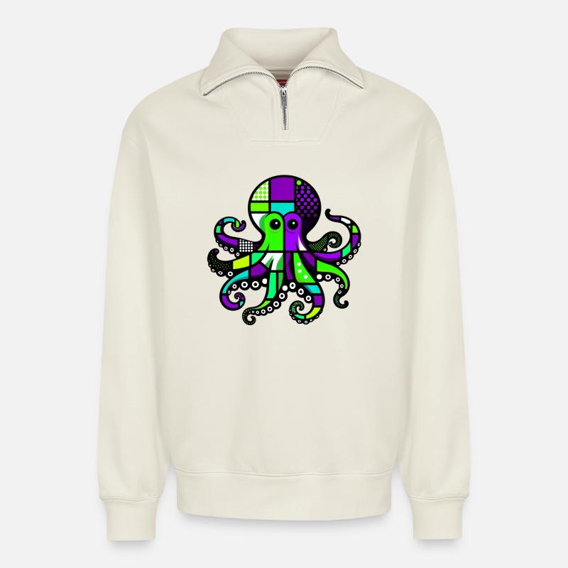 Pieuvre - Sweat unisexe décontracté en coton biologique à demi-zip – de SPREAD - blanc cassé