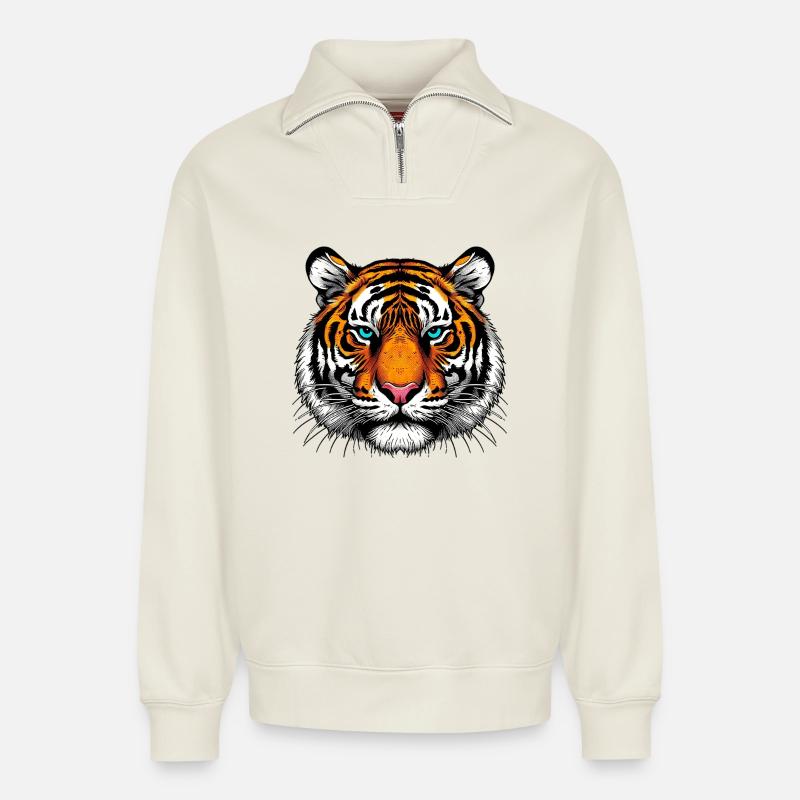 Tigre - Sweat unisexe décontracté en coton biologique à demi-zip – de SPREAD - blanc cassé