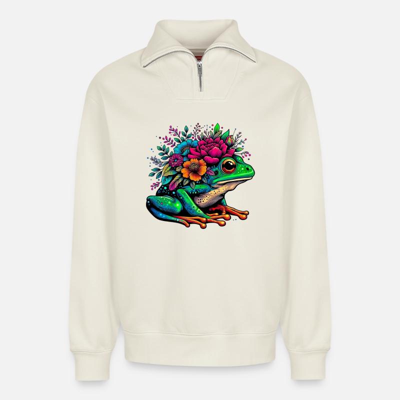 Frosch - Relaxed Unisex Organic Half Zip Sweatshirt – von SPREAD - Naturweiß