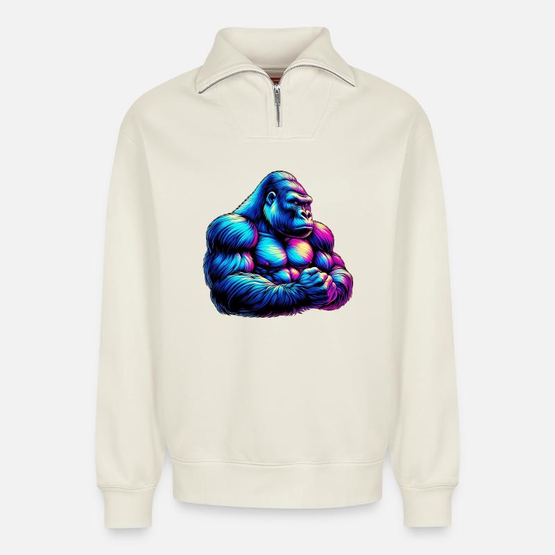 Gorille - Sweat unisexe décontracté en coton biologique à demi-zip – de SPREAD - blanc cassé