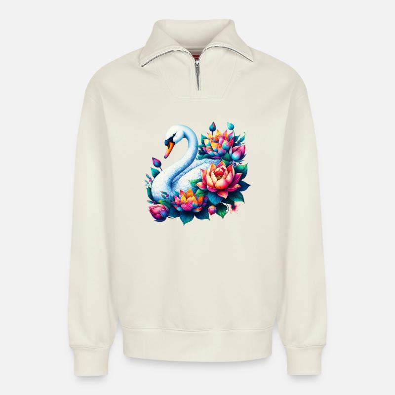 Schwan verziert mit Lotusblüten - Relaxed Unisex Organic Half Zip Sweatshirt – von SPREAD - Naturweiß