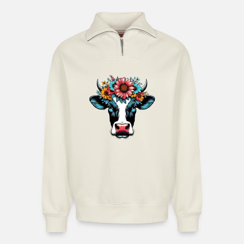 Vache - Sweat unisexe décontracté en coton biologique à demi-zip – de SPREAD - blanc cassé