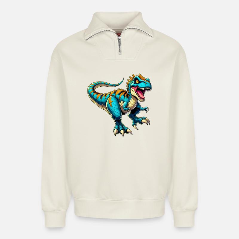 Dinosaure - Sweat unisexe décontracté en coton biologique à demi-zip – de SPREAD - blanc cassé