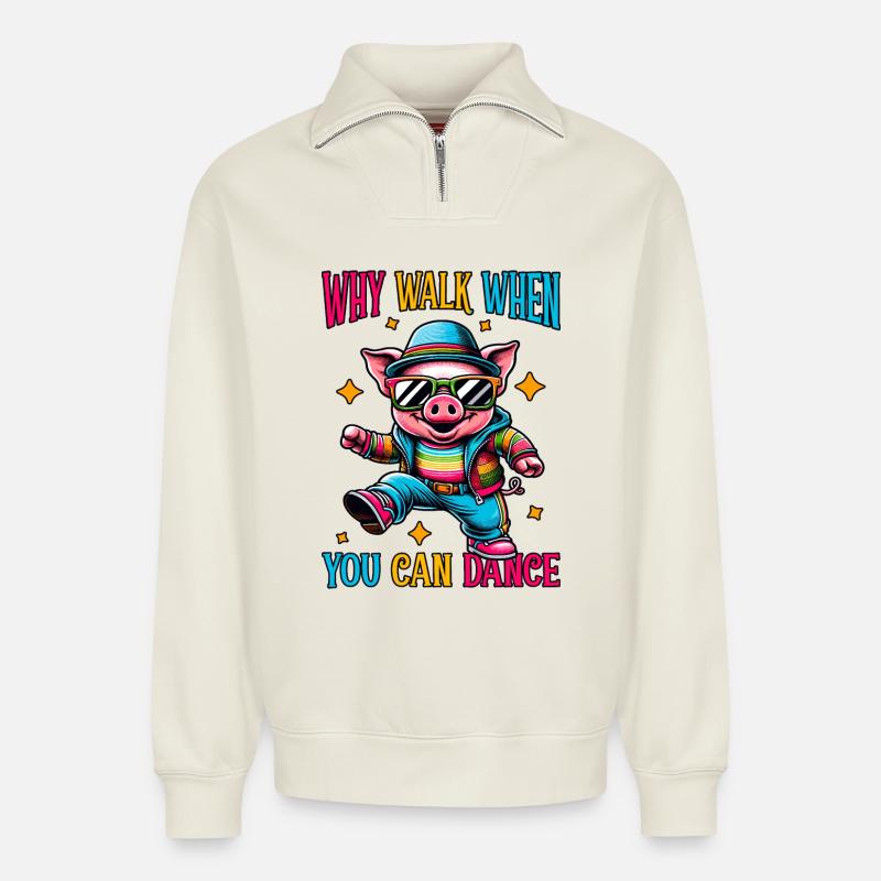 Drôle de danse cochon - Sweat unisexe décontracté en coton biologique à demi-zip – de SPREAD - blanc cassé