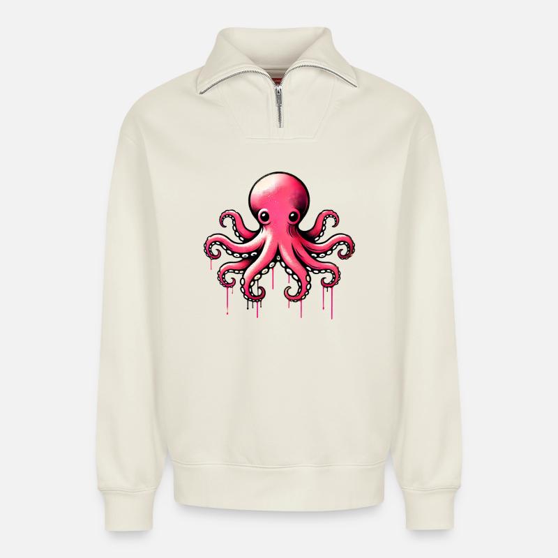 Octopus - Relaxed Unisex Organic Half Zip Sweatshirt – by SPREAD - off white