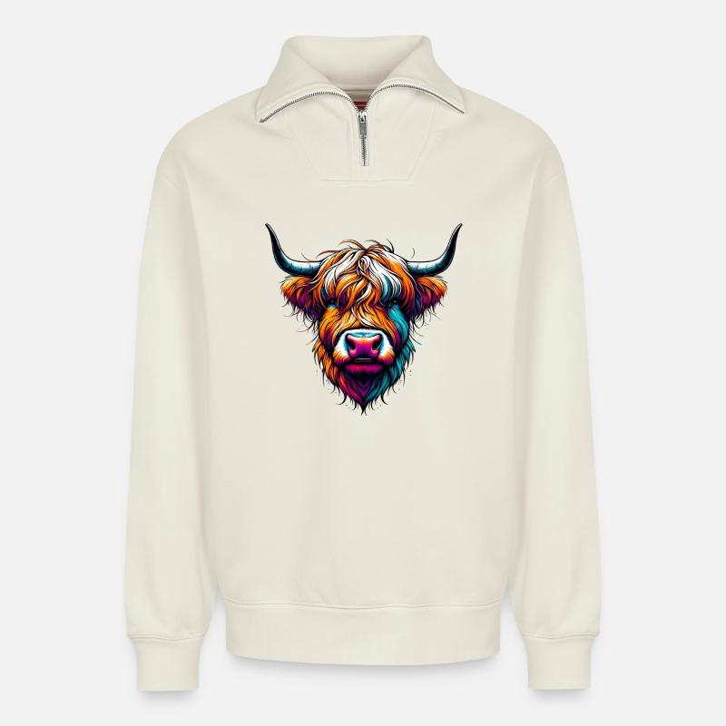 Vache écossaise des Highlands - Sweat unisexe décontracté en coton biologique à demi-zip – de SPREAD - blanc cassé
