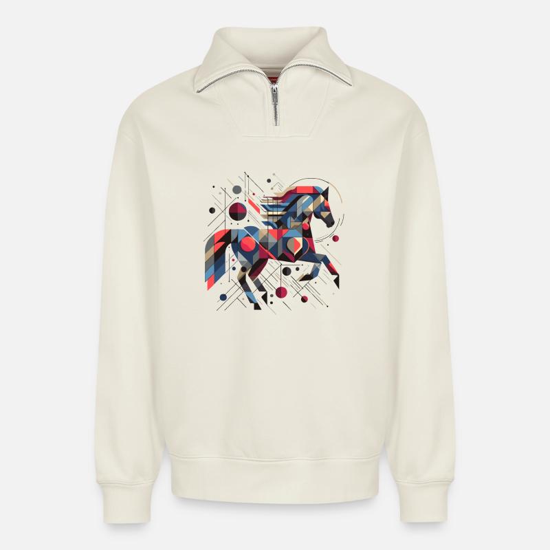 Abstrait Animal Cheval 2 - Sweat unisexe décontracté en coton biologique à demi-zip – de SPREAD - blanc cassé