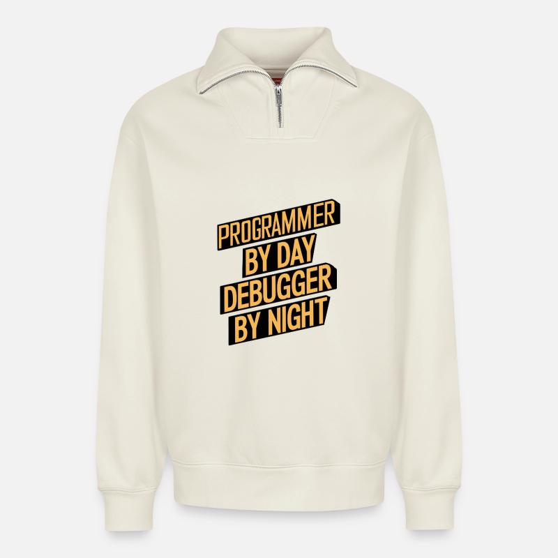 Programmer by Day, Debugger by Night - Relaxed Unisex Organic Half Zip Sweatshirt – von SPREAD - Naturweiß