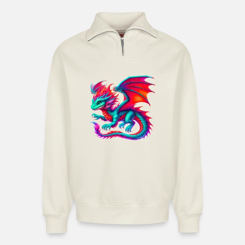 Drache - Relaxed Unisex Organic Half Zip Sweatshirt – von SPREAD - Naturweiß