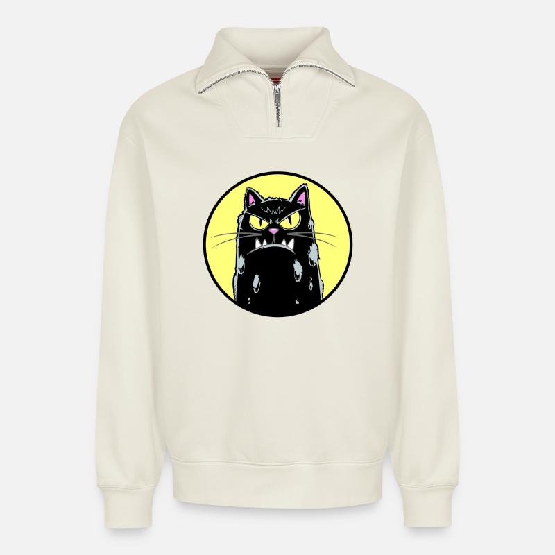 Chat noir - Sweat unisexe décontracté en coton biologique à demi-zip – de SPREAD - blanc cassé