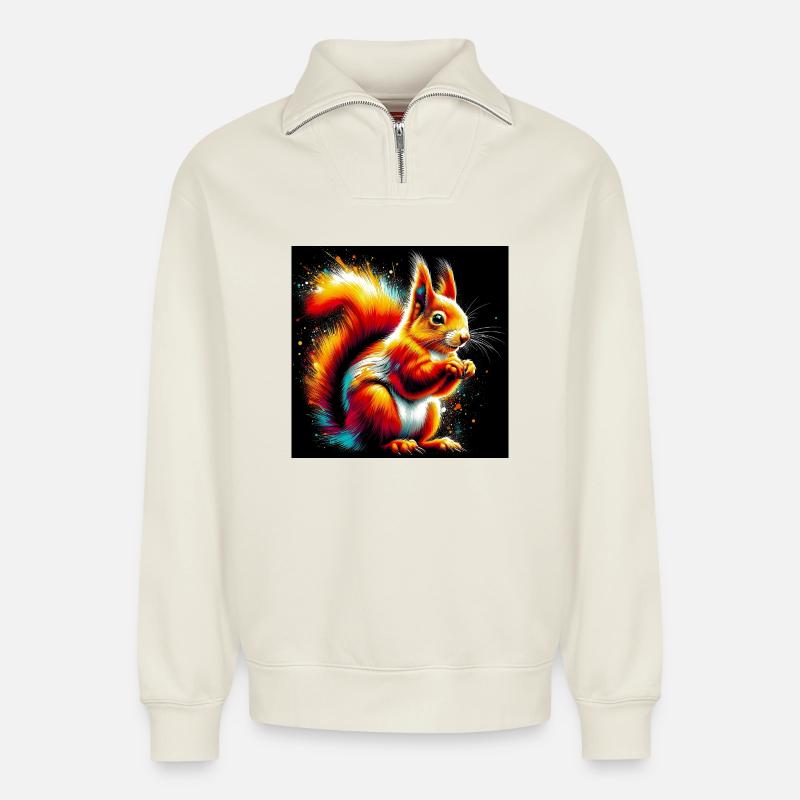 écureuil - Sweat unisexe décontracté en coton biologique à demi-zip – de SPREAD - blanc cassé