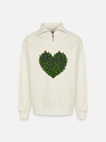 Botanical Heart Leaves Motif - Relaxed Unisex Organic Half Zip Sweatshirt – by SPREAD - off white
