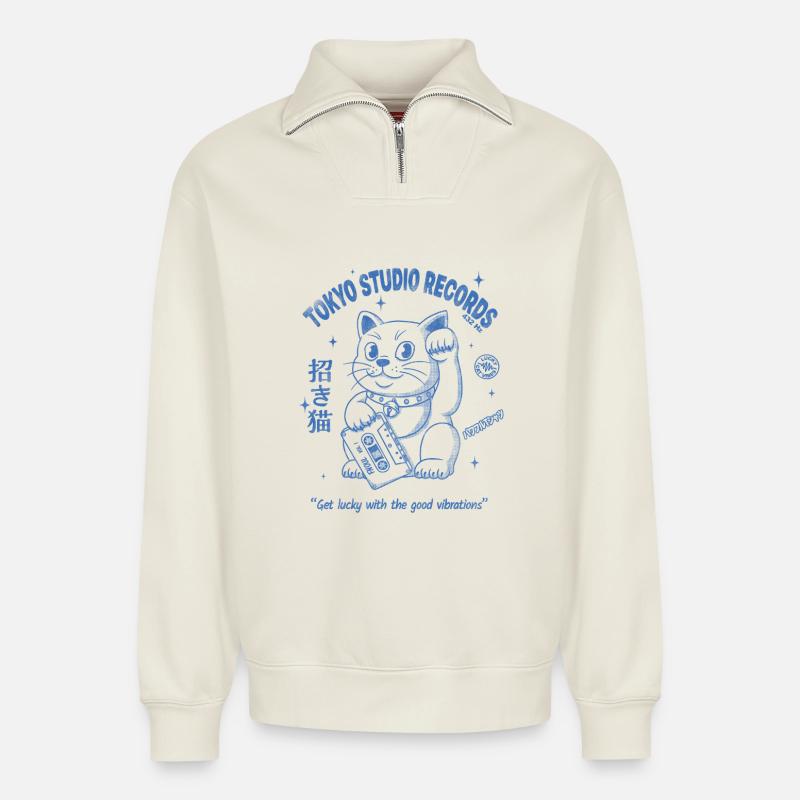 Maneki Neko - Relaxed Unisex Organic Half Zip Sweatshirt – von SPREAD - Naturweiß