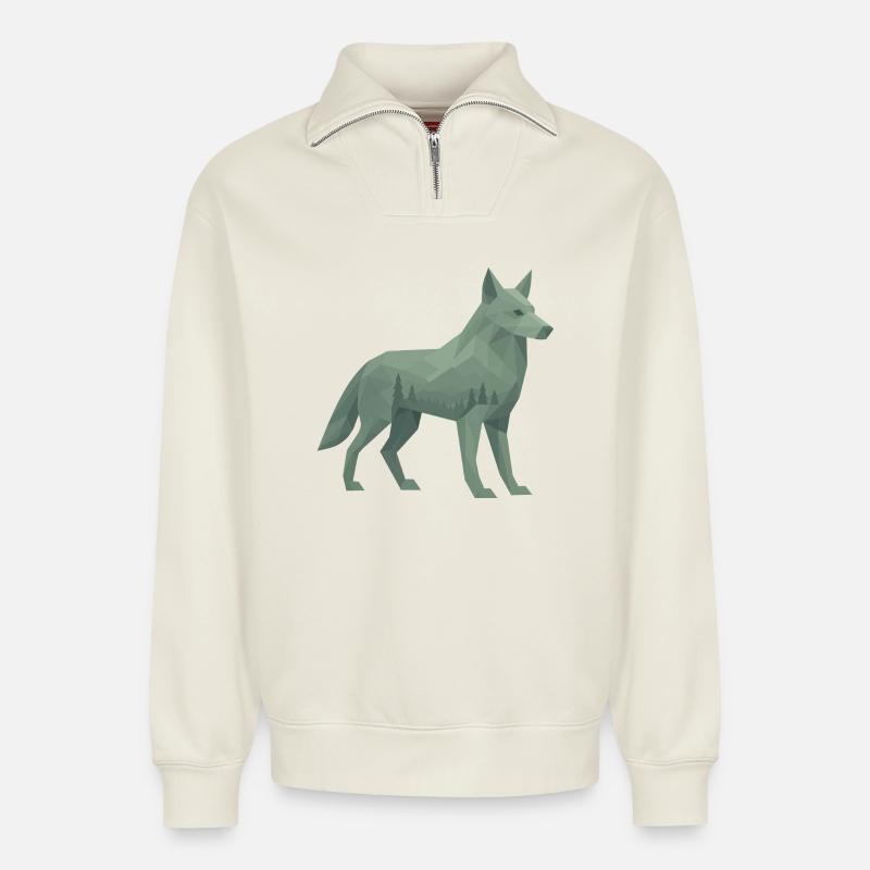 Geometrischer Wolf - Relaxed Unisex Organic Half Zip Sweatshirt – von SPREAD - Naturweiß